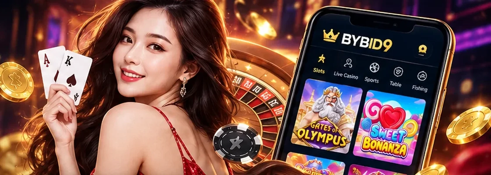 BYBID9 casino-inspired concept artwork featuring cards, gold accents and a mobile gaming interface